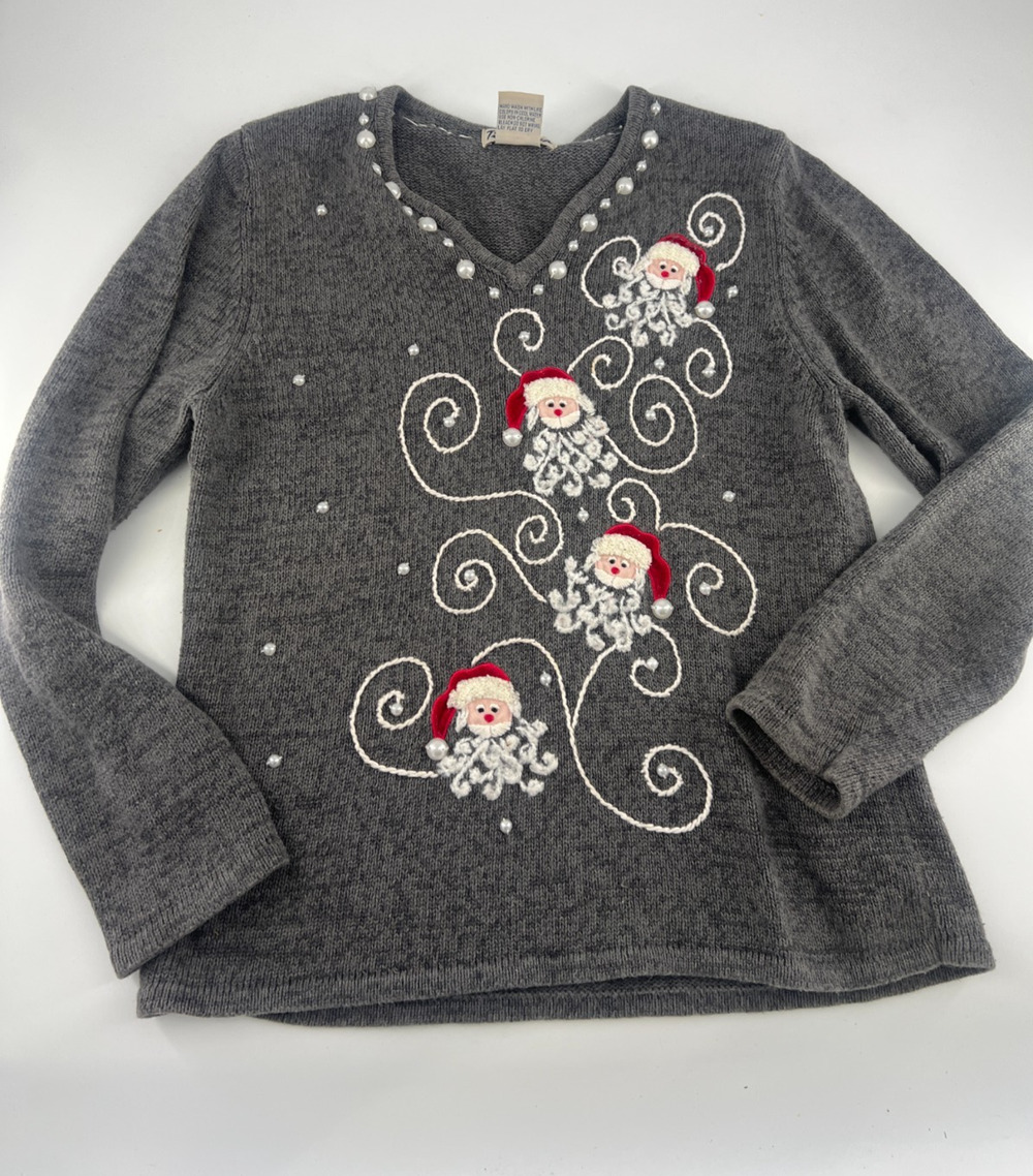 Vintage Timberlea Sweater Womens Small Grey Santa Embroidered Holiday Christmas
